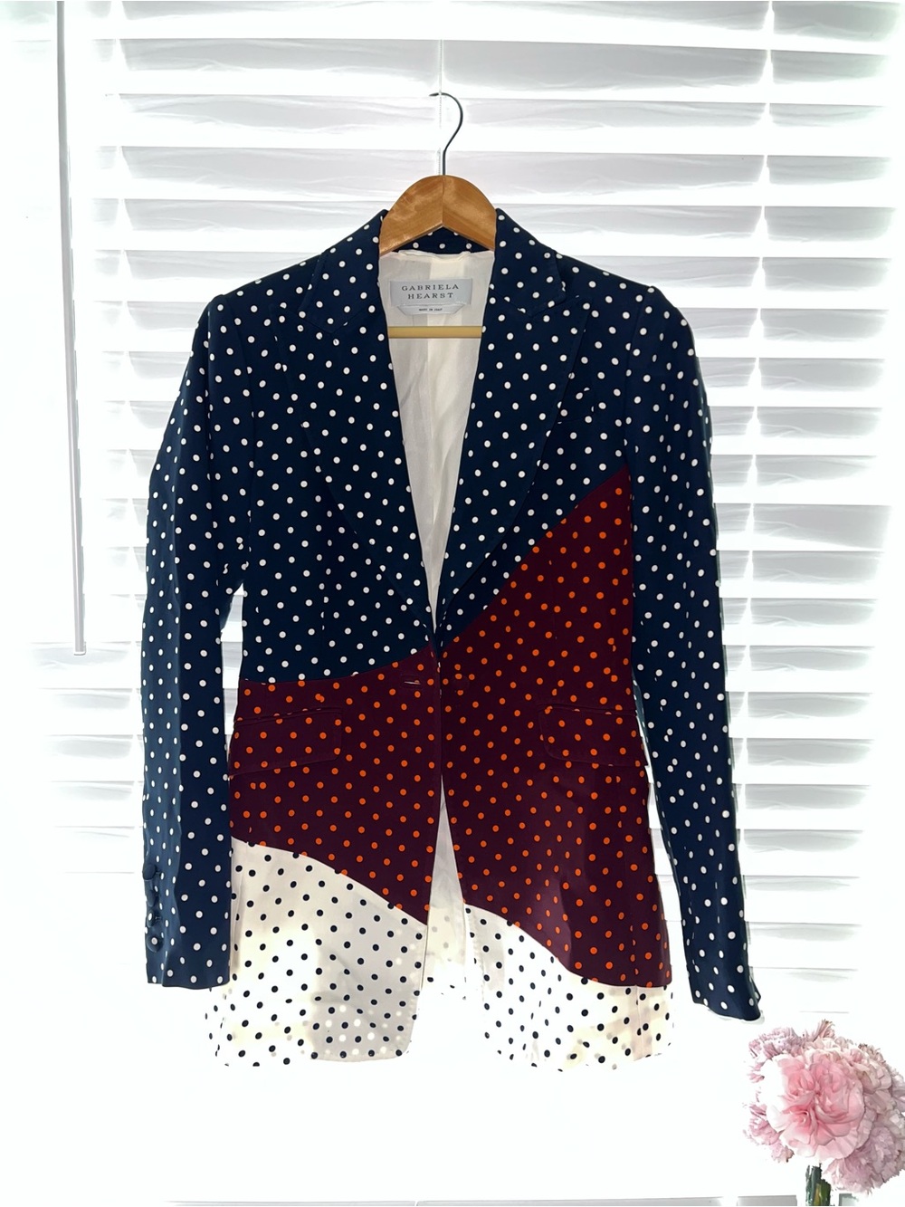 Gabriela Hearst Navy, White & Burgundy Polka Dot Mixed-Media Blazer